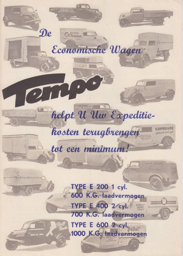 Tempo E200/E400/E600 commercial vehicles, 4 pages, Dutch,  late 1930s