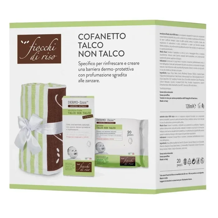 Fiocchi di Riso Cofanetto Talco Non Talco Emulsione 120 ml + 20 Salviette Azione Dermo-protettiva Rinfrescante