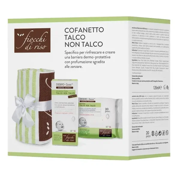 Fiocchi di Riso Cofanetto Talco Non Talco Emulsione 120 ml + 20 Salviette Azione Dermo-protettiva Rinfrescante