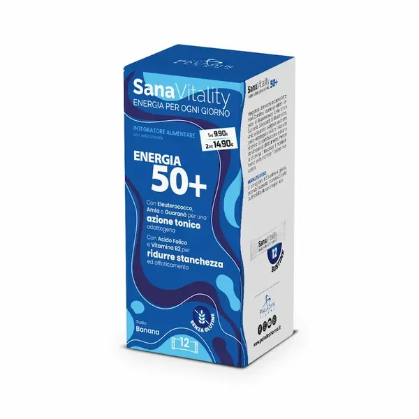 Sanavita Energia 50+  In pratiche bustine stick pack (12 per ogni confezione) e al gusto Banana.