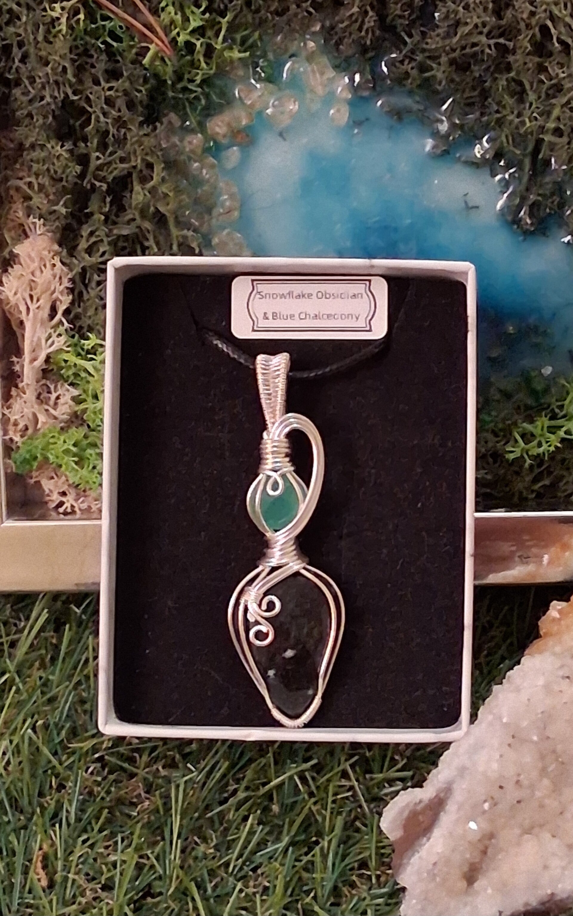 Snowflake Obsidian + Blue Chalcedony pendant