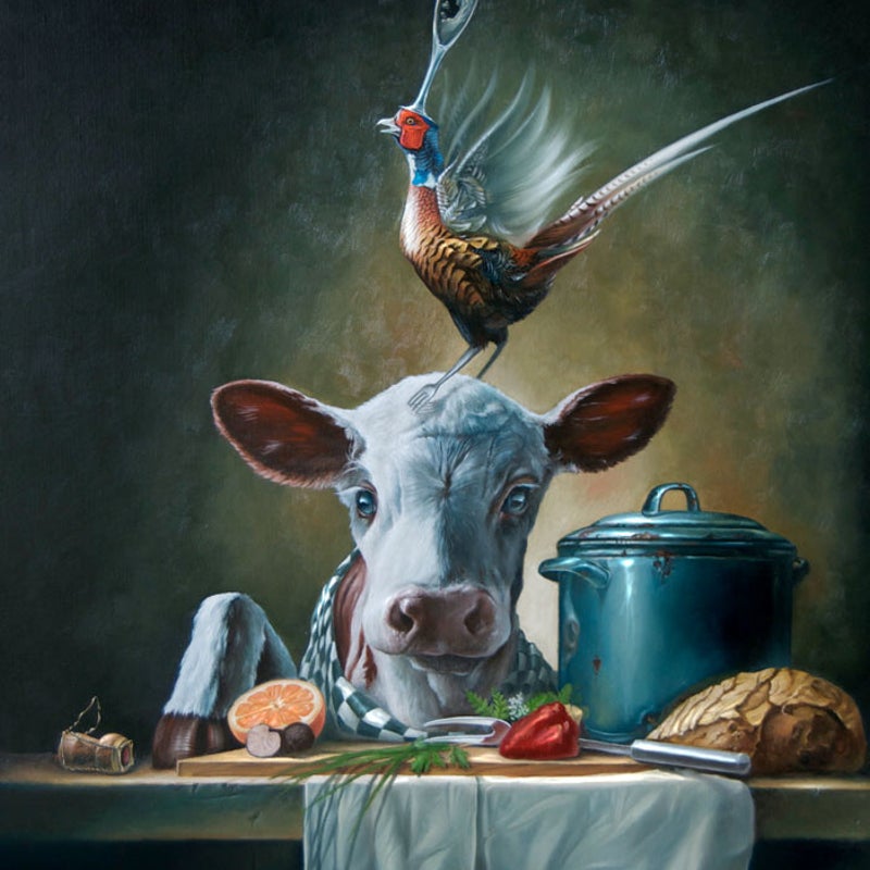 de Fazant, uit de serie recepten; de items in het schilderij vormen samen een recept.