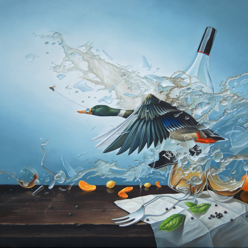 Canard a l'orange, uit de serie recepten; de items in het schilderij vormen samen een recept.