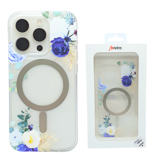 Coque de Protection Transparente Givré Avec Magsafe Flower-05 pour iPhone - Fleur Bleu Blanc (Mayline)