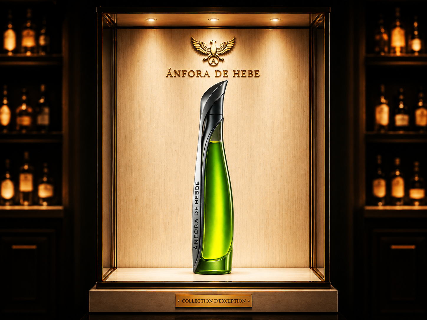 Aceite verde de primera prensa de Ánfora de Hebe presentado como elixir gourmet mediterráneo de Ánfora de Hebe