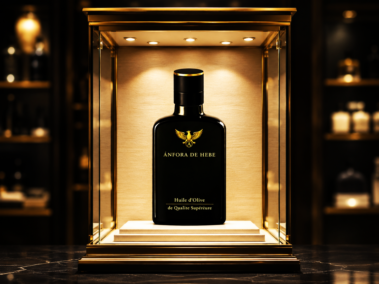 Botella premium de aceite de oliva virgen extra Ánfora de Hebe con diseño negro y dorado