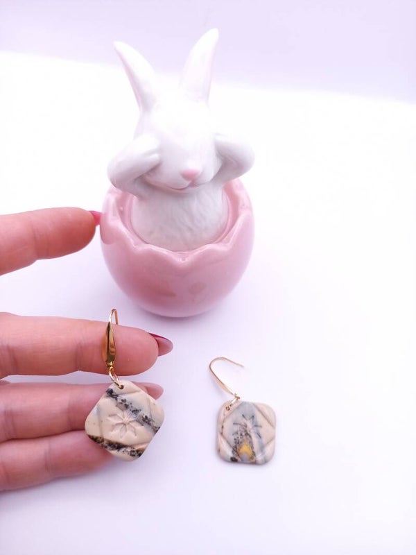 Oorbellen | Hangers | Tegel | Beige-zwart