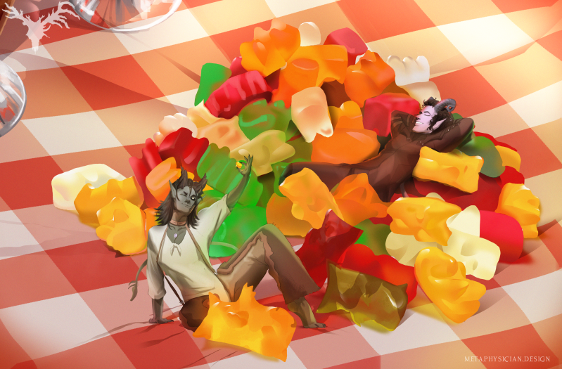 Day 1 - Gummy Bears - Green Tiefling @sinedino, Purple Tiefling @owlcat games