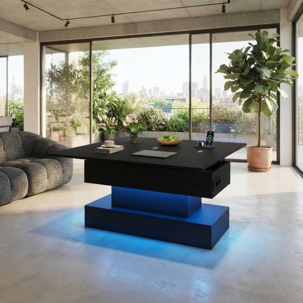 Table basse multifonctionnelle avec dessus relevable, ports de charge USB-C et USB et  bande lumineuse LED avec commande par application,