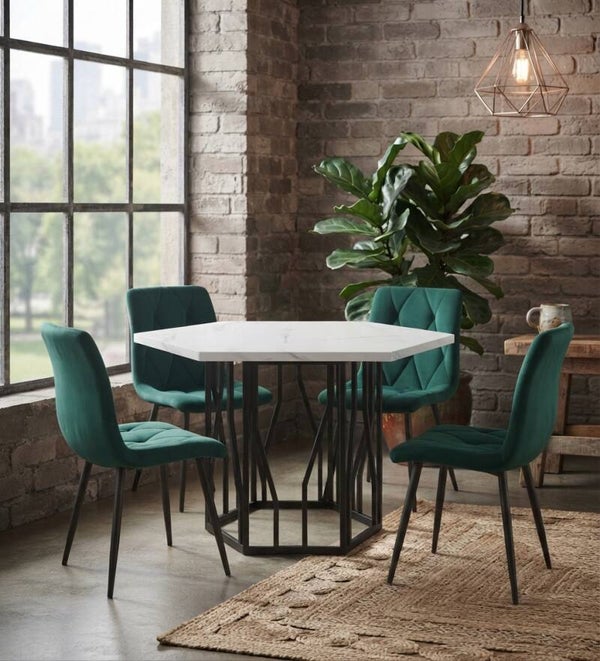 Table à manger hexagonale en marbre avec cadre en métal noir et 4 chaises en velours vert - Ensemble de salle à manger 5 pièces