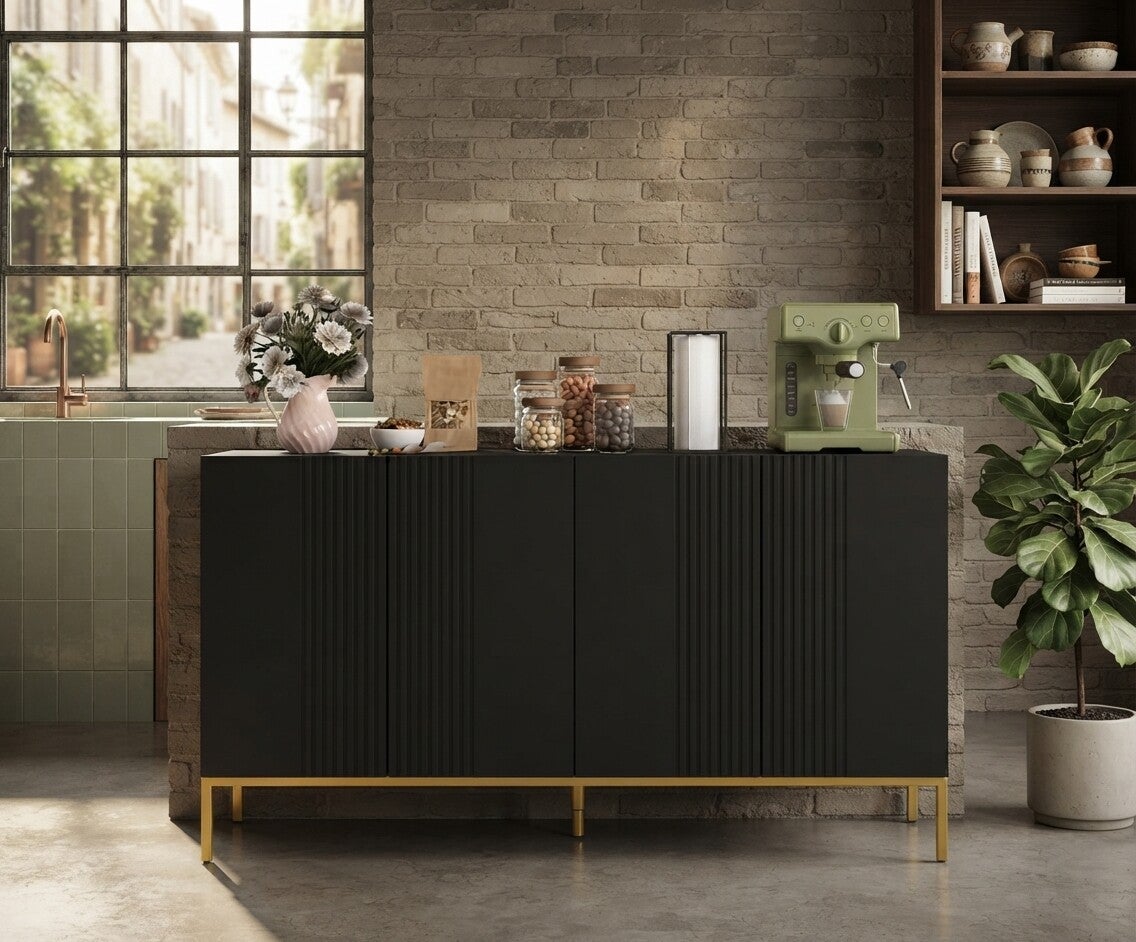 Buffet de rangement design contemporain graphique 2 placards porte étagères réglables en bois noir métal doré