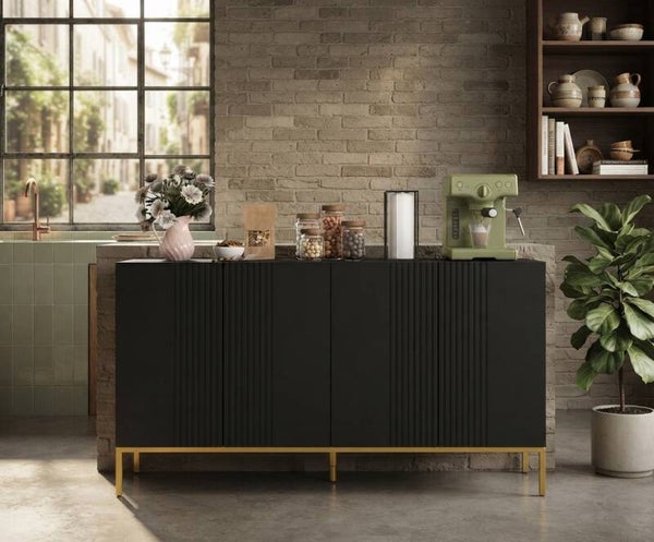 Buffet de rangement design contemporain graphique 2 placards porte étagères réglables en bois noir métal doré