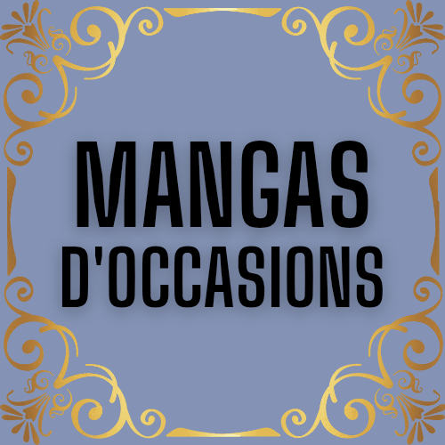 Mangas occasions écrit en noir sur un fond bleu avec des bordures dorés 