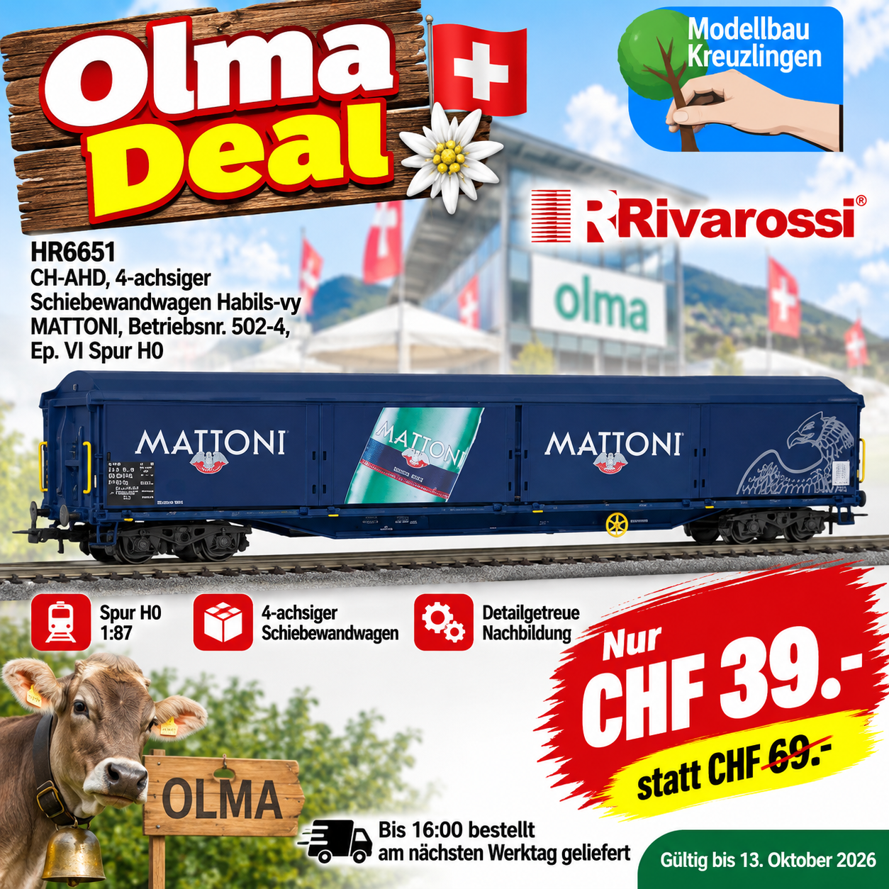 Rivarossi HR6651 CH-AHD, 4-achsiger Schiebewandwagen Habils-vy, MATTONI, Betriebsnr. 502-4, Ep. VI