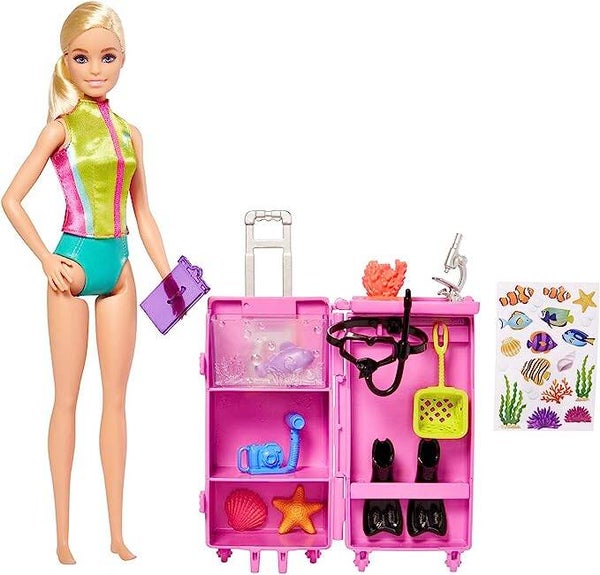 MATTEL BARBIE - Meeresbiologin Puppe und Spielset mit Schnorchelausrüstung, mobiles Labor HMH26
