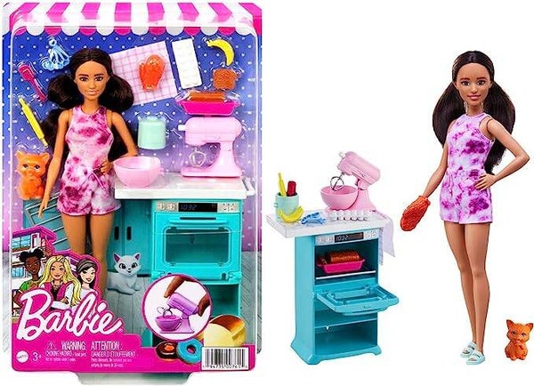 MATTEL BARBIE - Puppe & Küchen-Spielset mit Barbie-Puppe (ca. 27 cm, braunes Haar, klein) HCD44