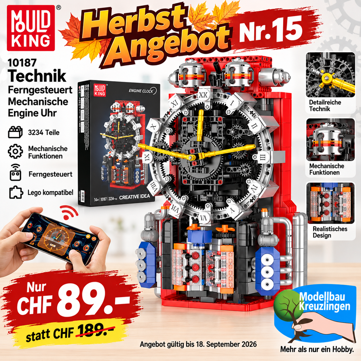 Mould King 10187 Technik Ferngesteuert Mechanische Engine Uhr