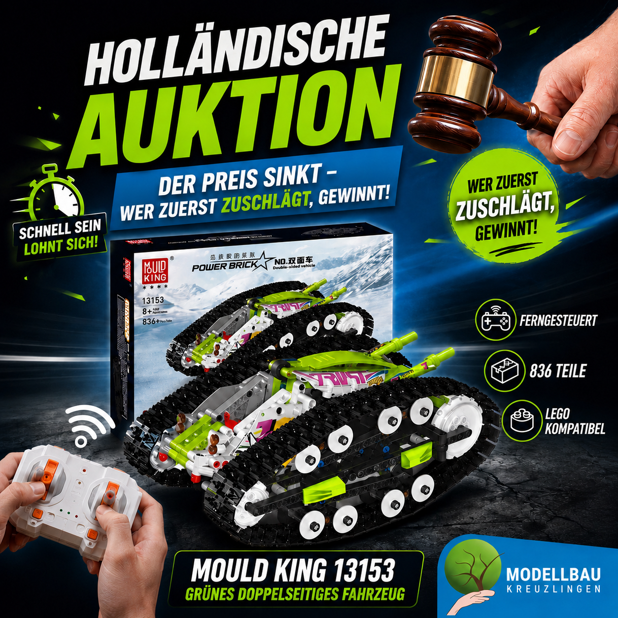 Mould King 13153 Grünes doppelseitiges Fahrzeug Remote Control