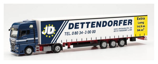 Herpa 315920 - H0 MAN TGX GX Gardinenplanen-Sattelzug 15m "Dettendorfer" (Bayern/Nußdorf am Inn)