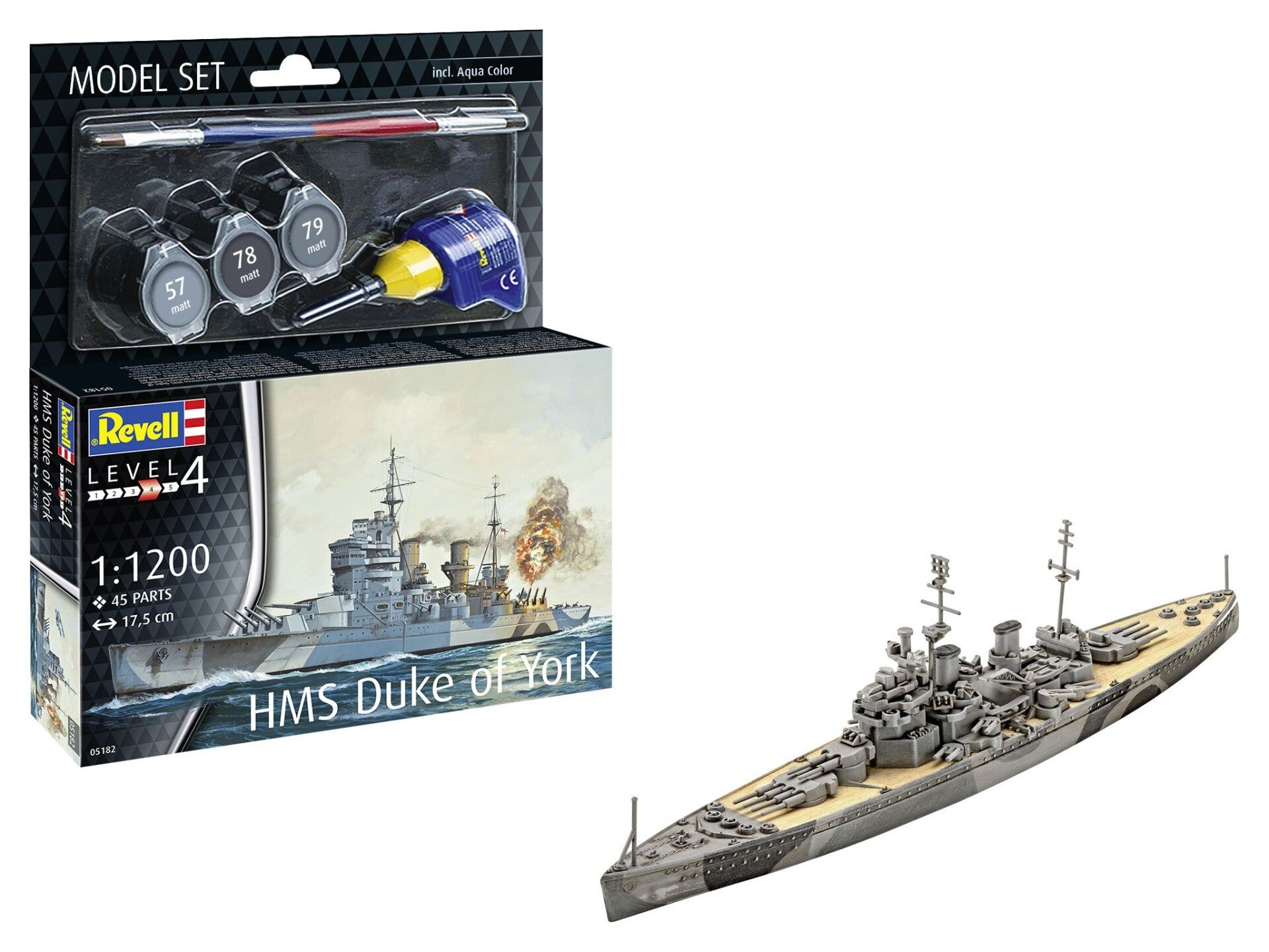 Revell 65182 Modellino HMS Duke Of York – Corazzata Britannica WWII, Scala 1:? Kit Con Colla E Pennelli