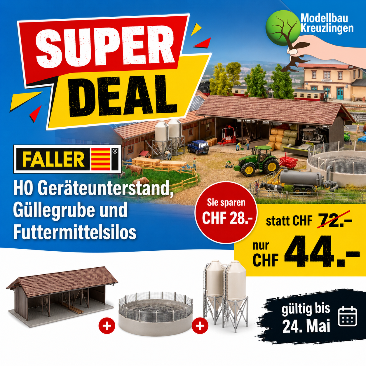 FALLER 130584 H0 Geräteunterstand, Güllegrube und Futtermittelsilos