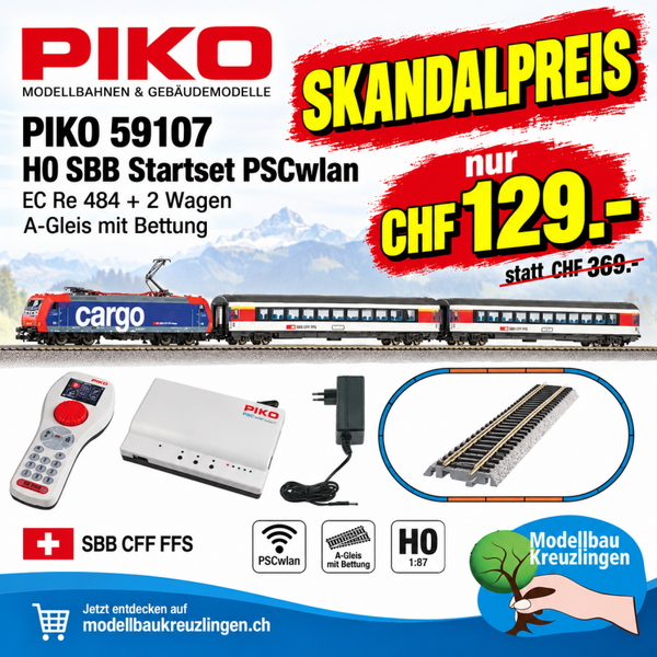 PIKO 59107 H0 SBB Startset PSCwlan EC Re 484 + 2 Wagen A-Gleis mit Bettung
