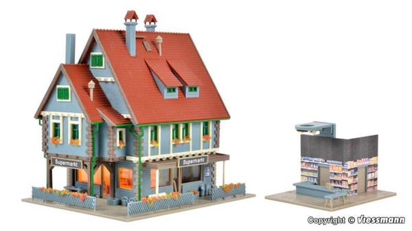 Vollmer 47660 N Supermarkt mit Inneneinrichtung und LED-Beleuchtung, Funktionsbausatz