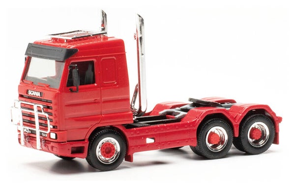 Herpa 316743 - H0 Scania 143 Streamline Solozugmaschine 3-achs mit Dachträger und Pipes, rot