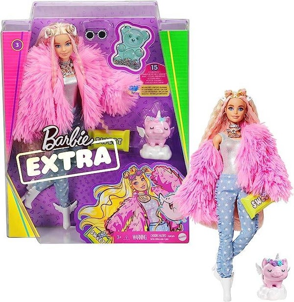 MATTEL BARBIE - Extra Puppe, flauschiger pinker Mantel mit Einhorn-Schweinchen GRN28