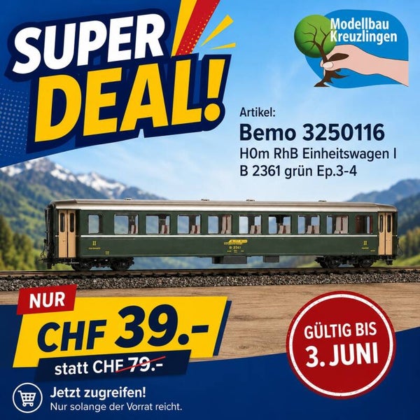 Bemo 3250116 H0m RhB Einheitswagen I B 2361 grün Ep.3-4