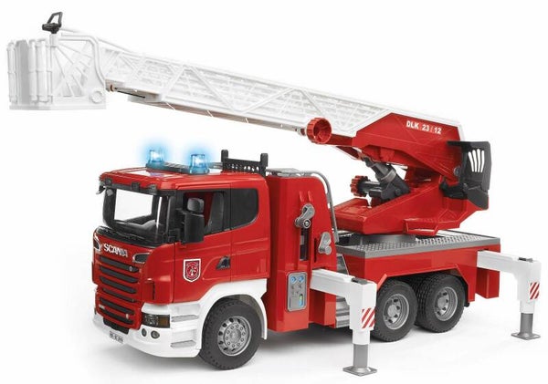 bruder 03590 Scania R-Serie Feuerwehrleiterwagen mit Wasserpumpe und Light and Sound Module inkl. Batterie
