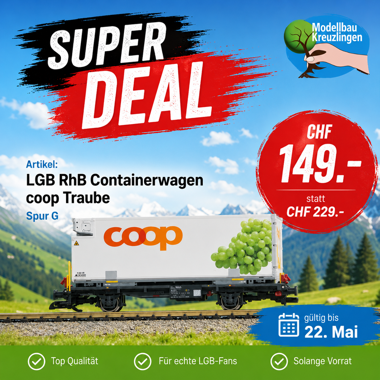 LGB G 45887-02 RhB Containerwagen coop Traube