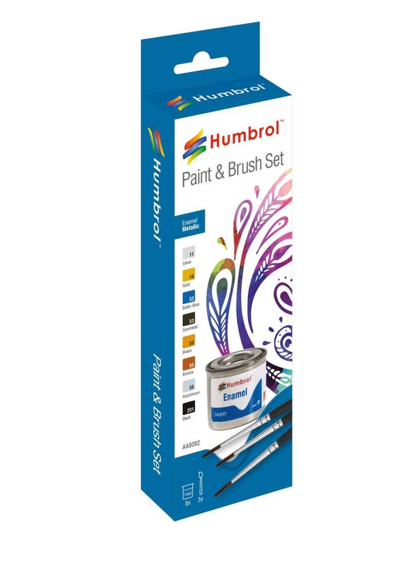 Humbrol AA9062 Enamel Paint and Brush Metallic Set
