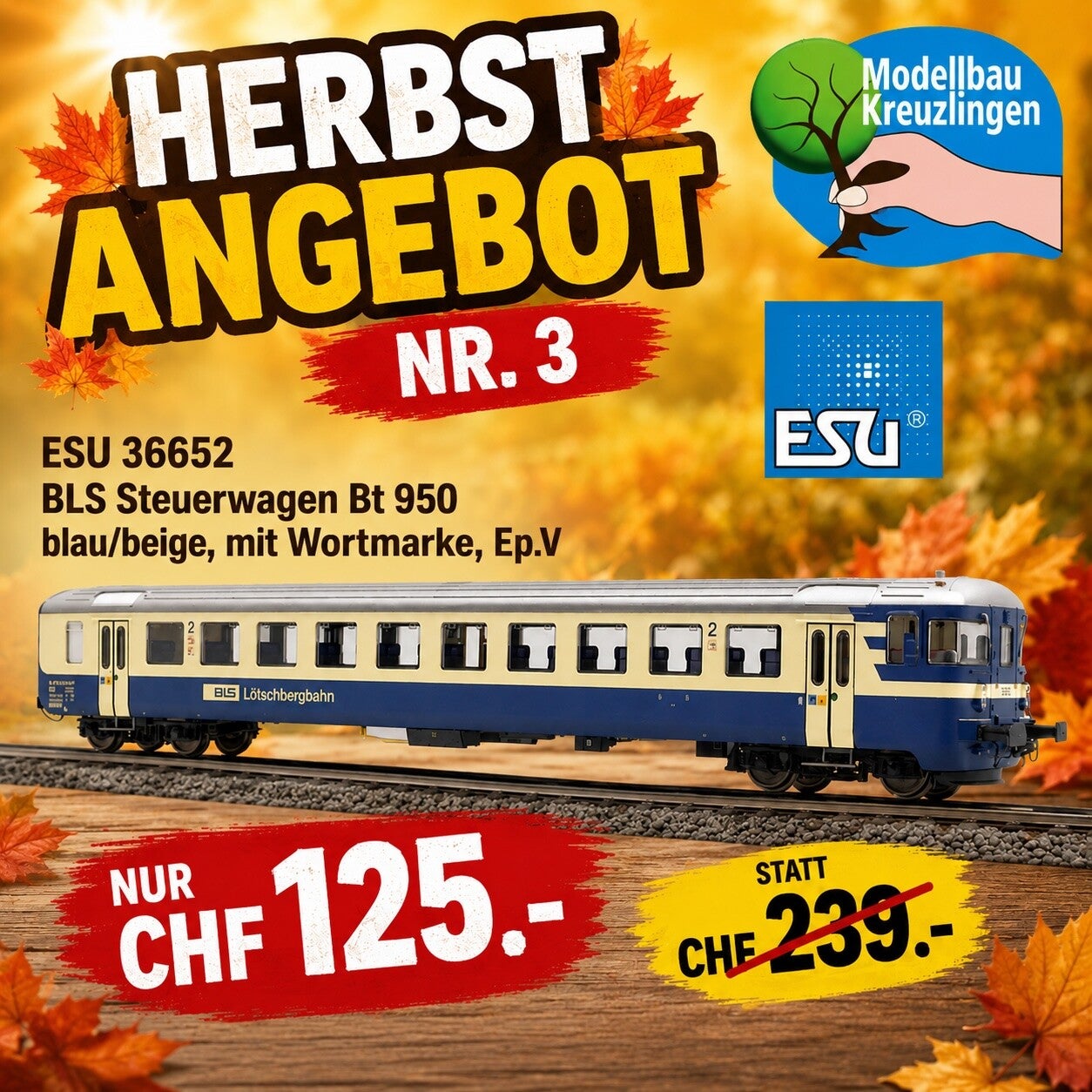 ESU 36652 BLS Steuerwagen Bt 950 blau/beige, mit Wortmarke, Ep.V