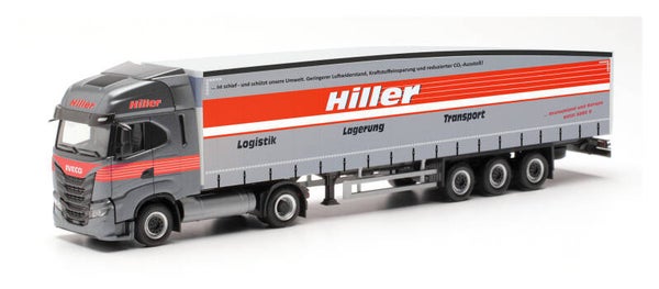 Herpa 315548 - H0 Iveco S-Way Schmitz Ecoflex-Sattelzug "Hiller Logistik" (Niedersachsen/Lüneburg)"