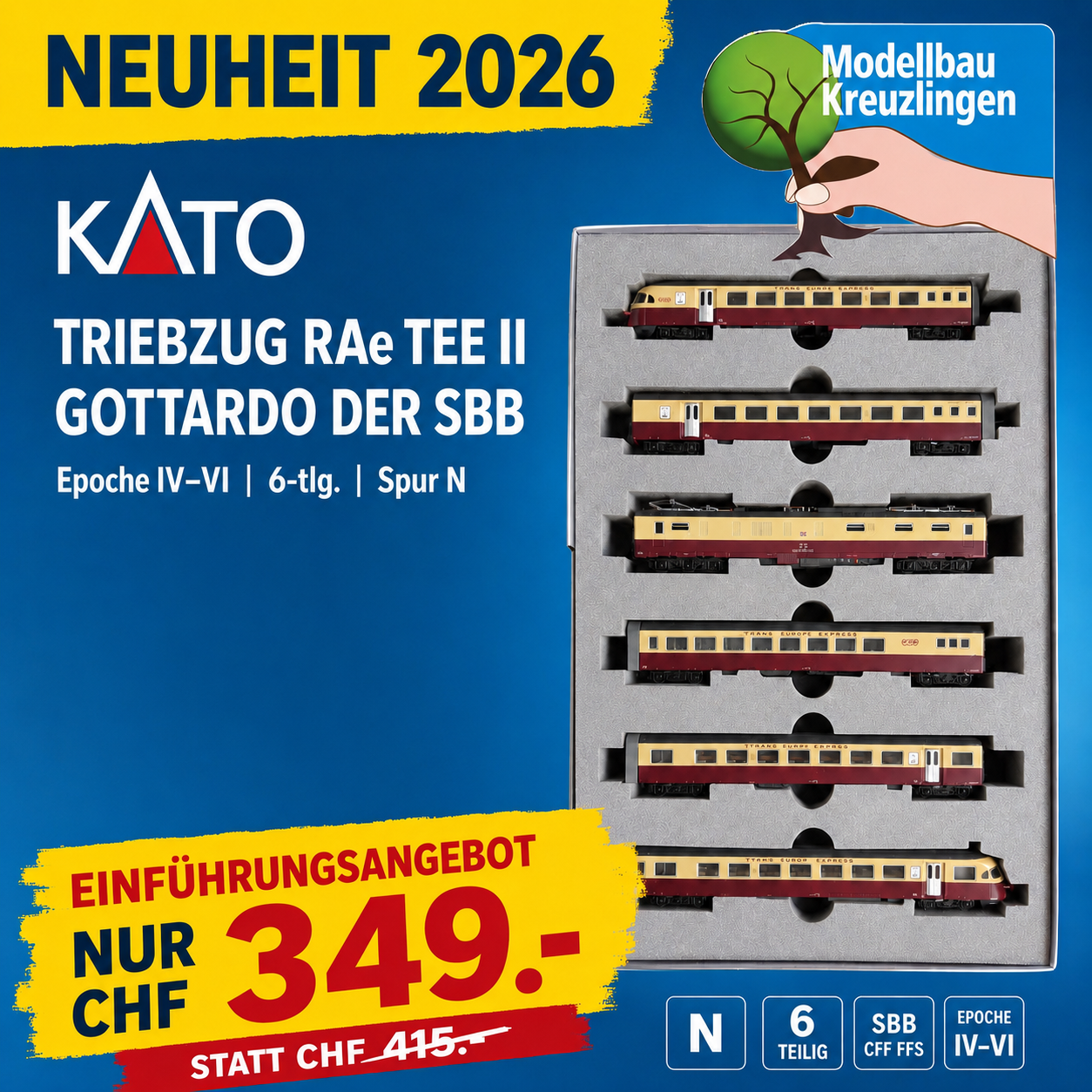KATO N K10-781 Triebzug RAe TEE II Gottardo der SBB, Epoche IV-VI 6-tlg.