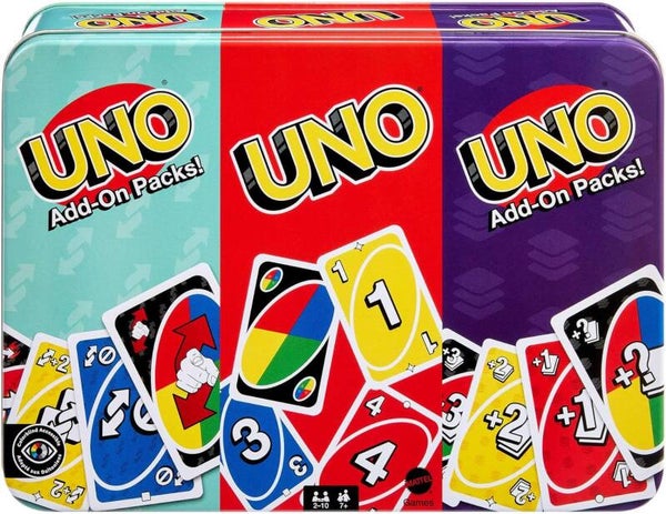 Mattel Games UNO Kartenspiel mit Zwei Erweiterungssets und Sammelmetalldose JCV60