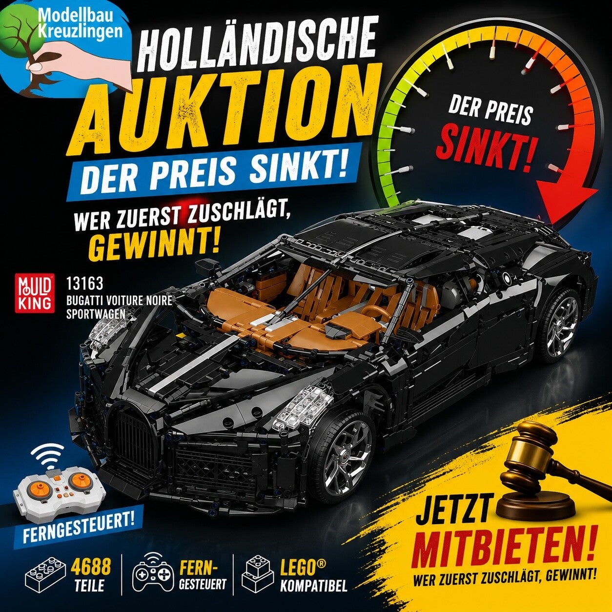 Mould King 13163 Bugatti Voiture Noire Sportwagen