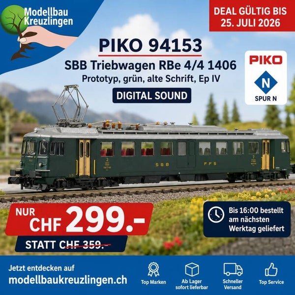 PIKO 94153 SBB Triebwagen RBe 4/4 1406 Prototyp, grün, alte Schrift, Ep IV, Digital Sound