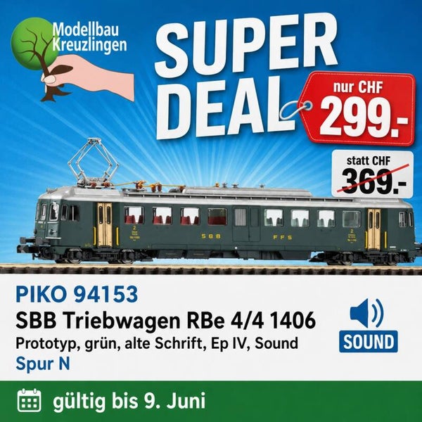 PIKO 94153 SBB Triebwagen RBe 4/4 1406 Prototyp, grün, alte Schrift, Ep IV, Digital Sound