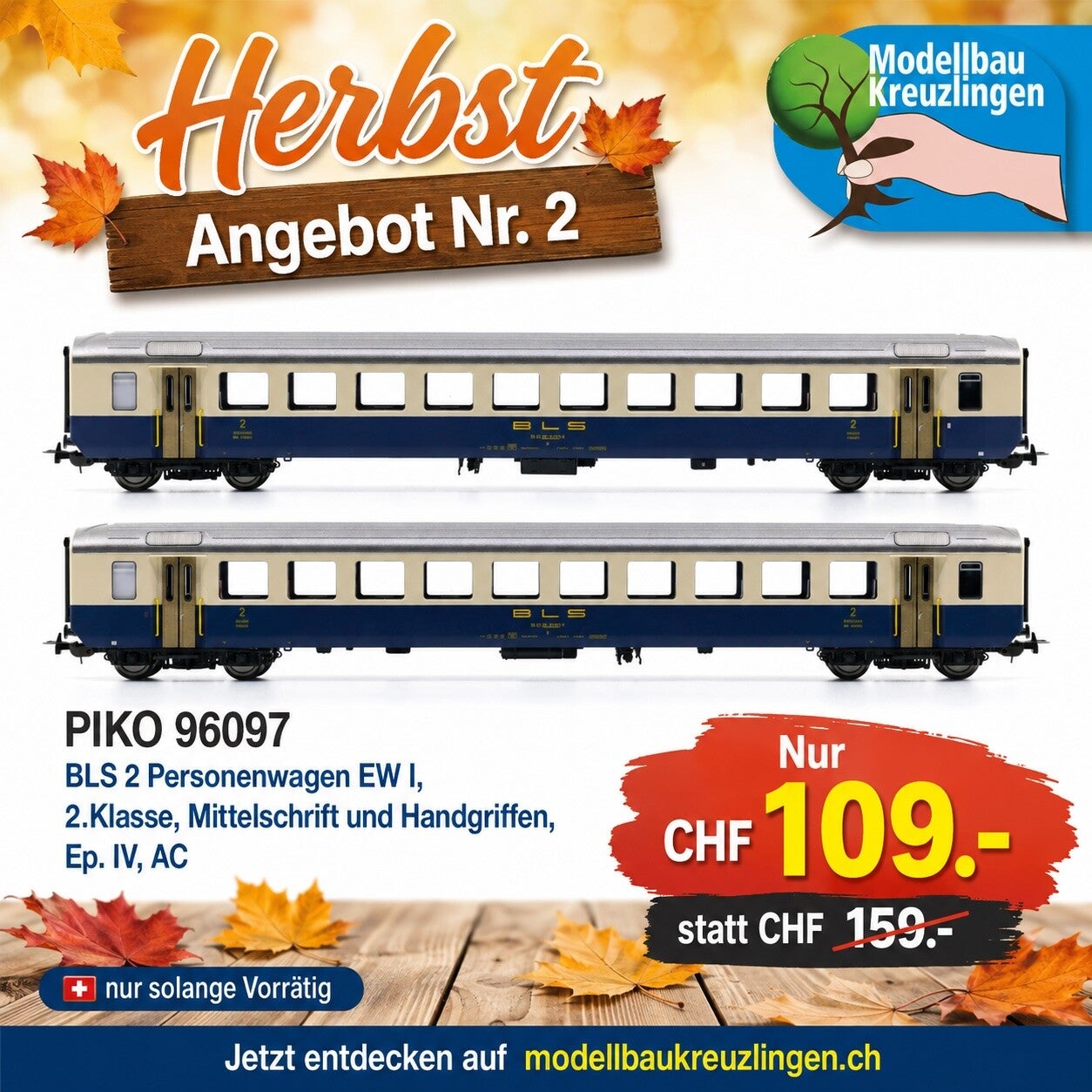 PIKO 96097 BLS 2 Personenwagen EW I, 2.Klasse, Mittelschrift und Handgriffen, Ep. IV, AC