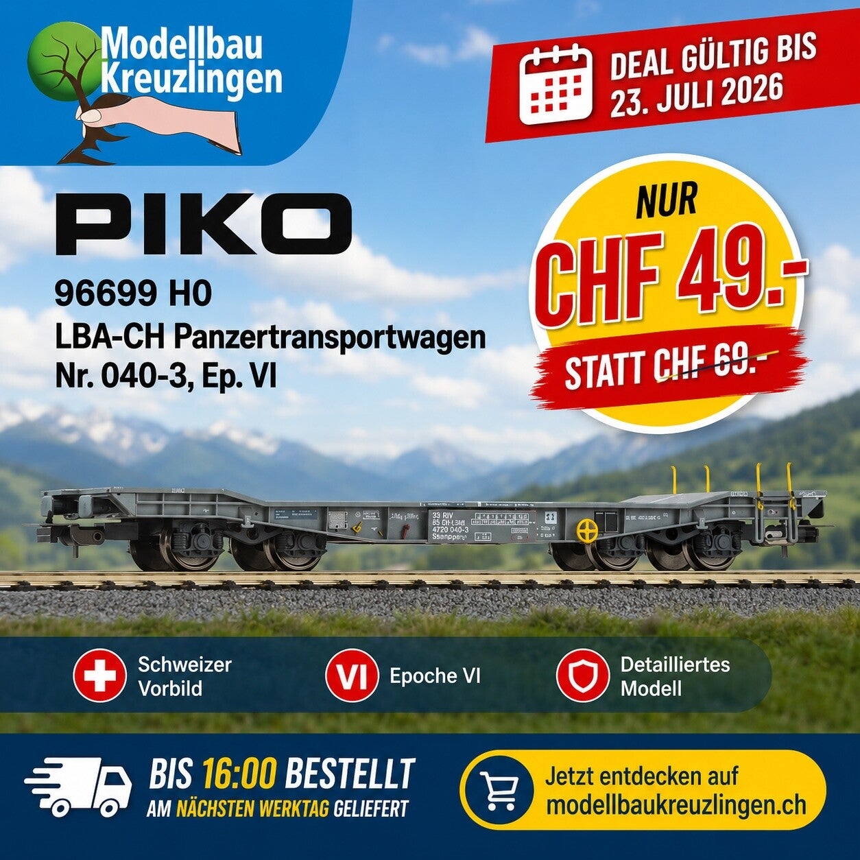 PIKO 96699 H0 LBA-CH Panzertransportwagen Nr. 040-3, Ep. VI