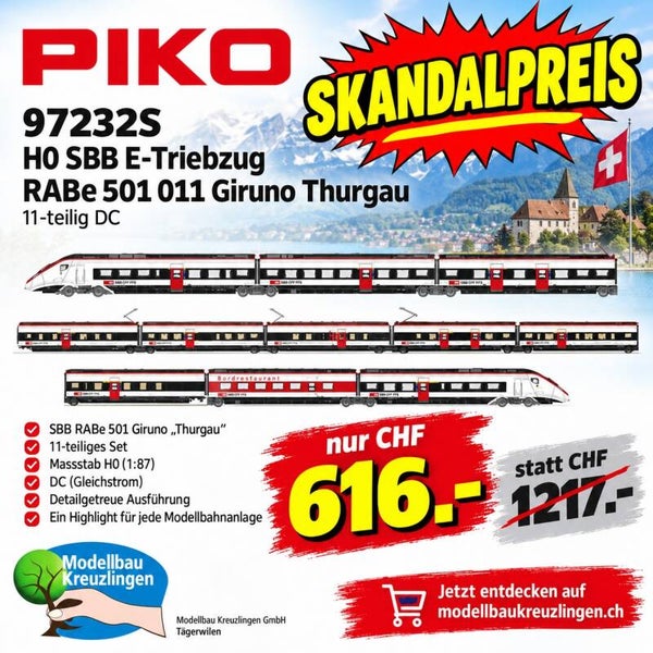 PIKO 97232S H0 SBB E-Triebzug RABe 501 011 Giruno Thurgau 11-teilig DC