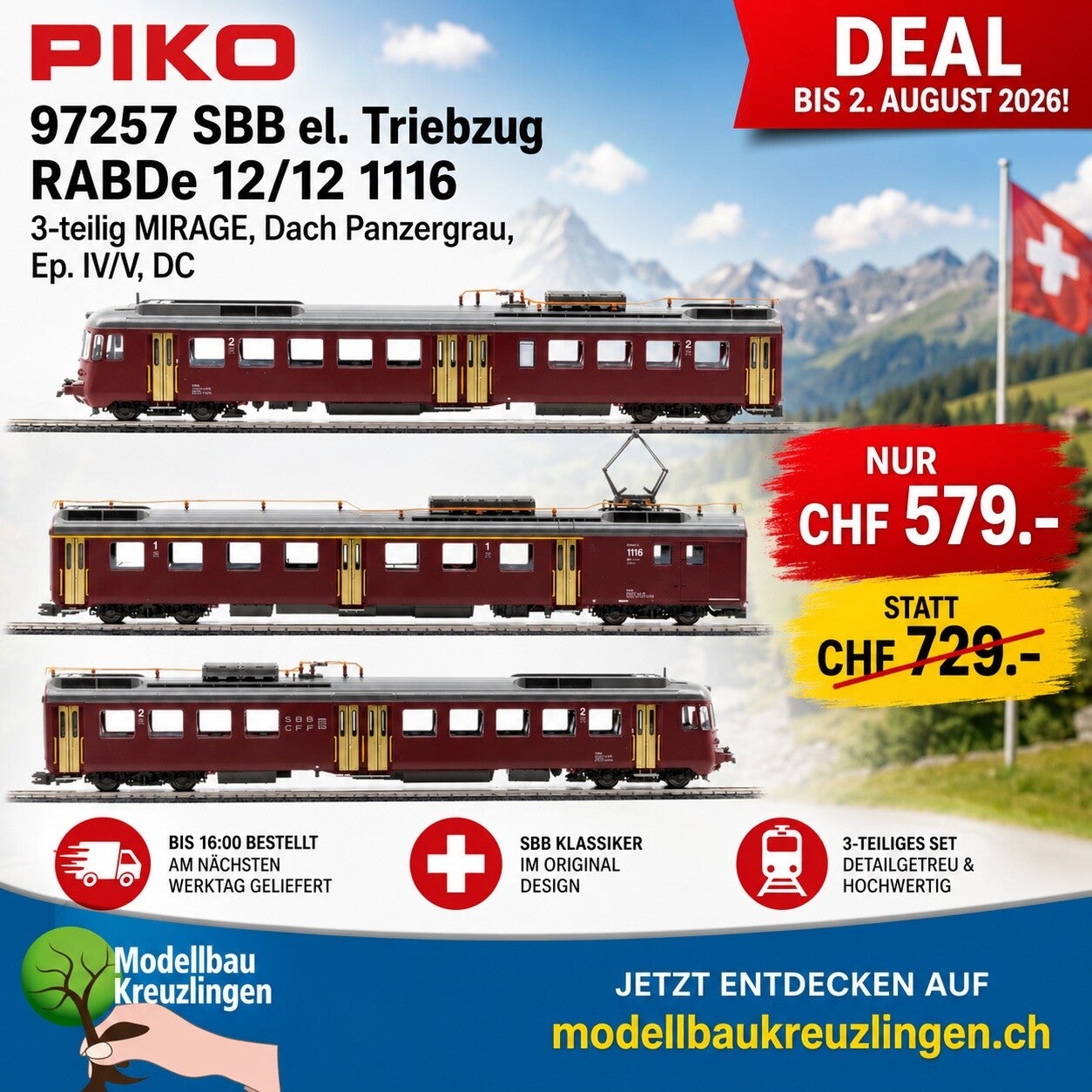 PIKO 97257 SBB el. Triebzug RABDe 12/12 1116, 3-teilig MIRAGE, Dach Panzergrau, Ep. IV/V, DC