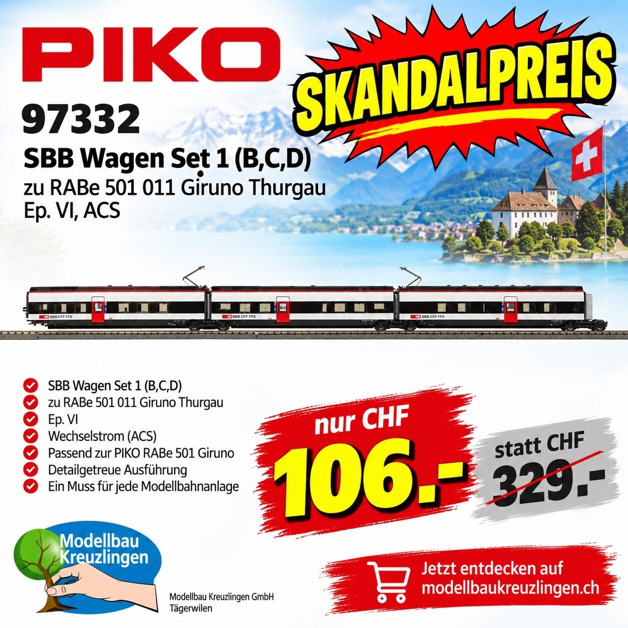 PIKO 97332 SBB Wagen Set 1 (B,C,D) zu RABe 501 011 Giruno Thurgau, Ep. VI, ACS