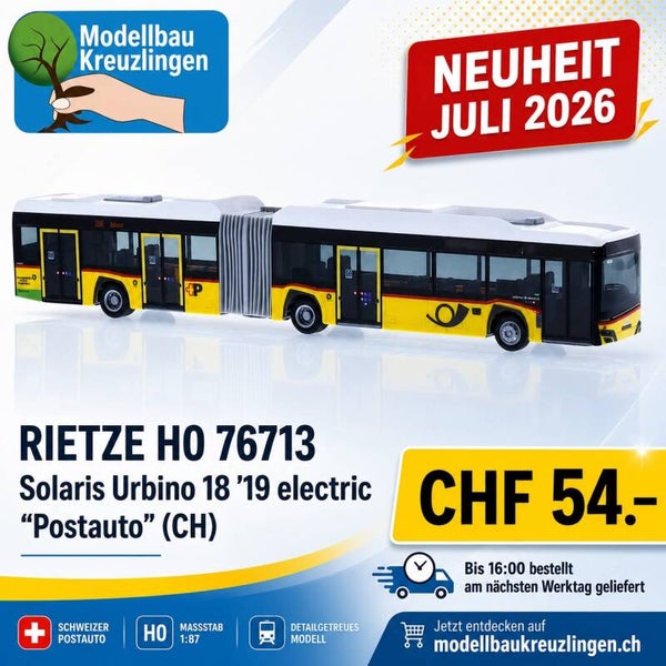 RIETZE H0 76713 Solaris Urbino 18 ´19 electric "Postauto" (CH)