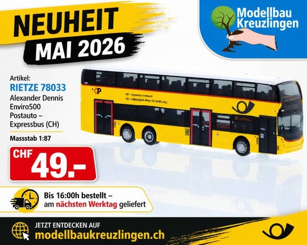RIETZE H0 78033 Alexander Dennis Enviro500 Postauto - Expressbus (CH), 1:87