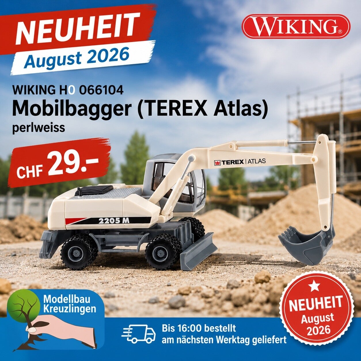 WIKING H0 066104 Mobilbagger (TEREX Atlas) perlweiss