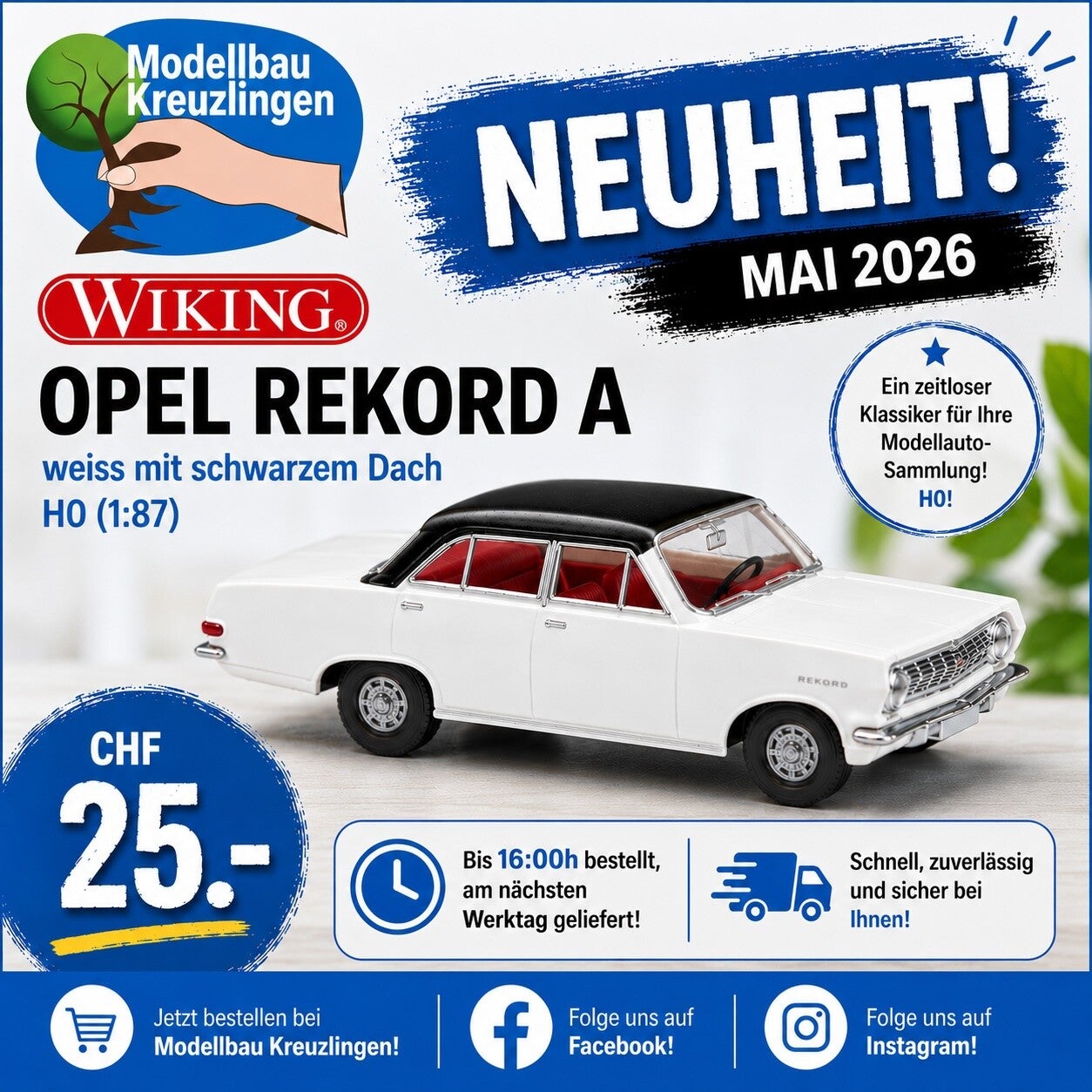 WIKING H0 084706 Opel Rekord A weiss mit schwarzem Dach