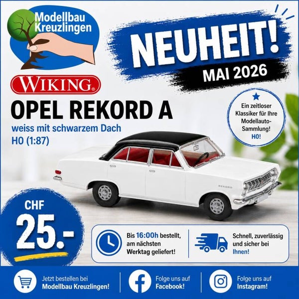 WIKING H0 084706 Opel Rekord A weiss mit schwarzem Dach